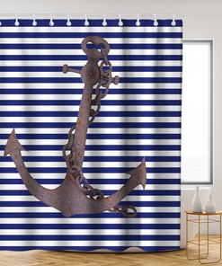 Nautical Anchor Shower Curtain - LB Blue White Stripes Background Pirate Ocean Themed Bathroom Decor