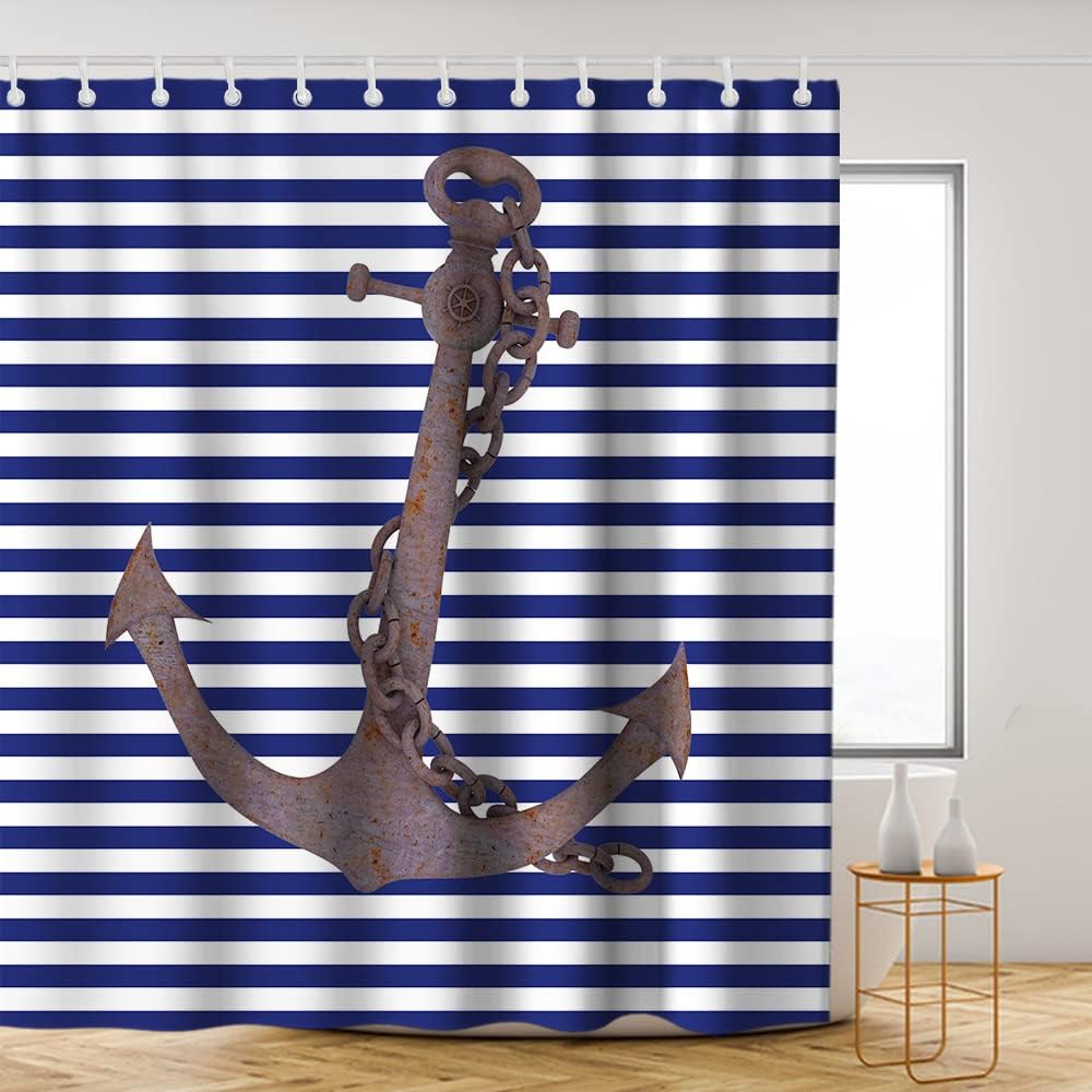 Nautical Anchor Shower Curtain - LB Blue White Stripes Background Pirate Ocean Themed Bathroom Decor