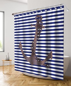 Nautical Anchor Shower Curtain - LB Blue White Stripes Background Pirate Ocean Themed Bathroom Decor
