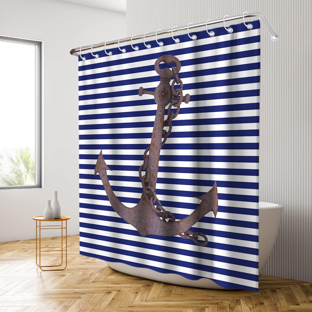 Nautical Anchor Shower Curtain - LB Blue White Stripes Background Pirate Ocean Themed Bathroom Decor