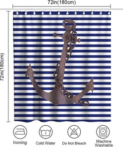 Nautical Anchor Shower Curtain - LB Blue White Stripes Background Pirate Ocean Themed Bathroom Decor