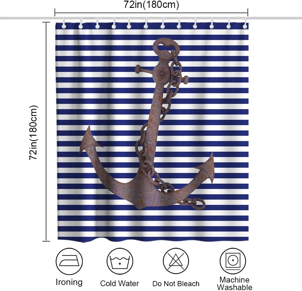 Nautical Anchor Shower Curtain - LB Blue White Stripes Background Pirate Ocean Themed Bathroom Decor