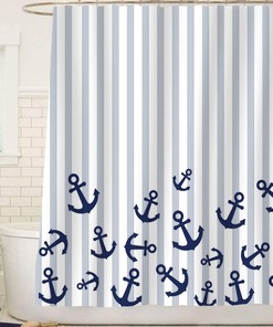 Nautical Anchor Shower Curtain, Navy Blue and Gray Stripes, Perfect Beach Bathroom Decor
