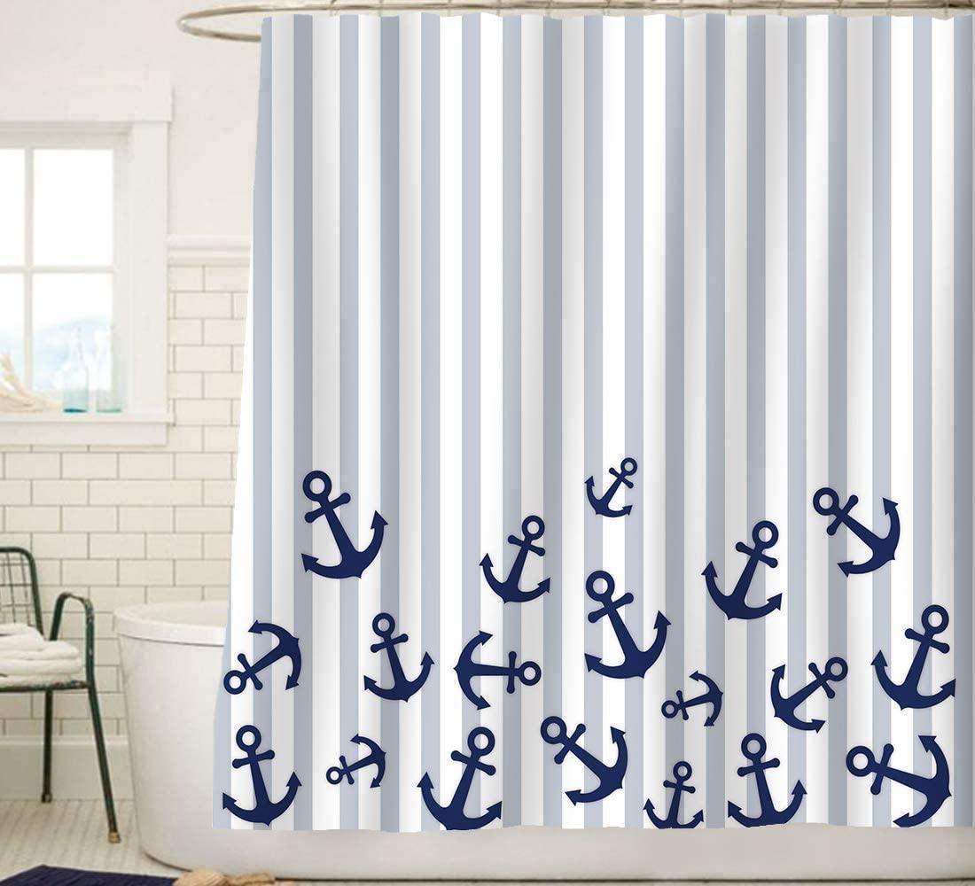 Nautical Anchor Shower Curtain, Navy Blue and Gray Stripes, Perfect Beach Bathroom Decor