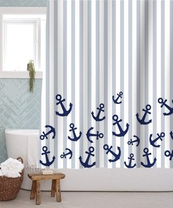 Nautical Anchor Shower Curtain, Navy Blue and Gray Stripes, Perfect Beach Bathroom Decor