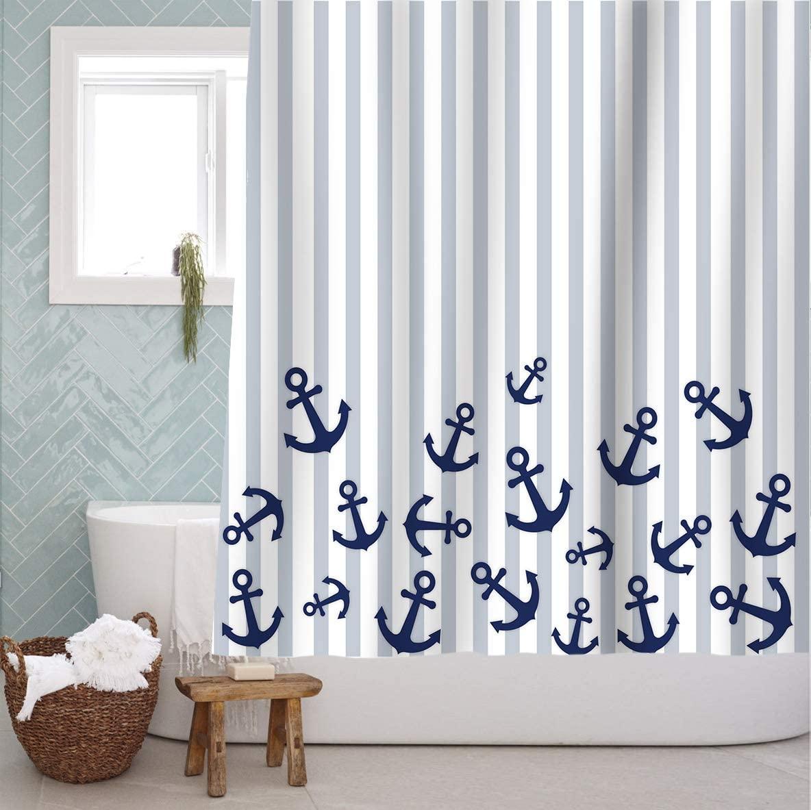 Nautical Anchor Shower Curtain, Navy Blue and Gray Stripes, Perfect Beach Bathroom Decor