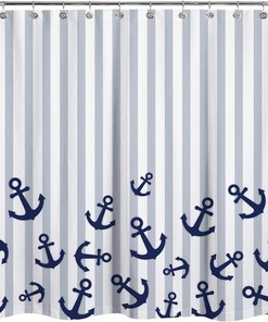Nautical Anchor Shower Curtain, Navy Blue and Gray Stripes, Perfect Beach Bathroom Decor
