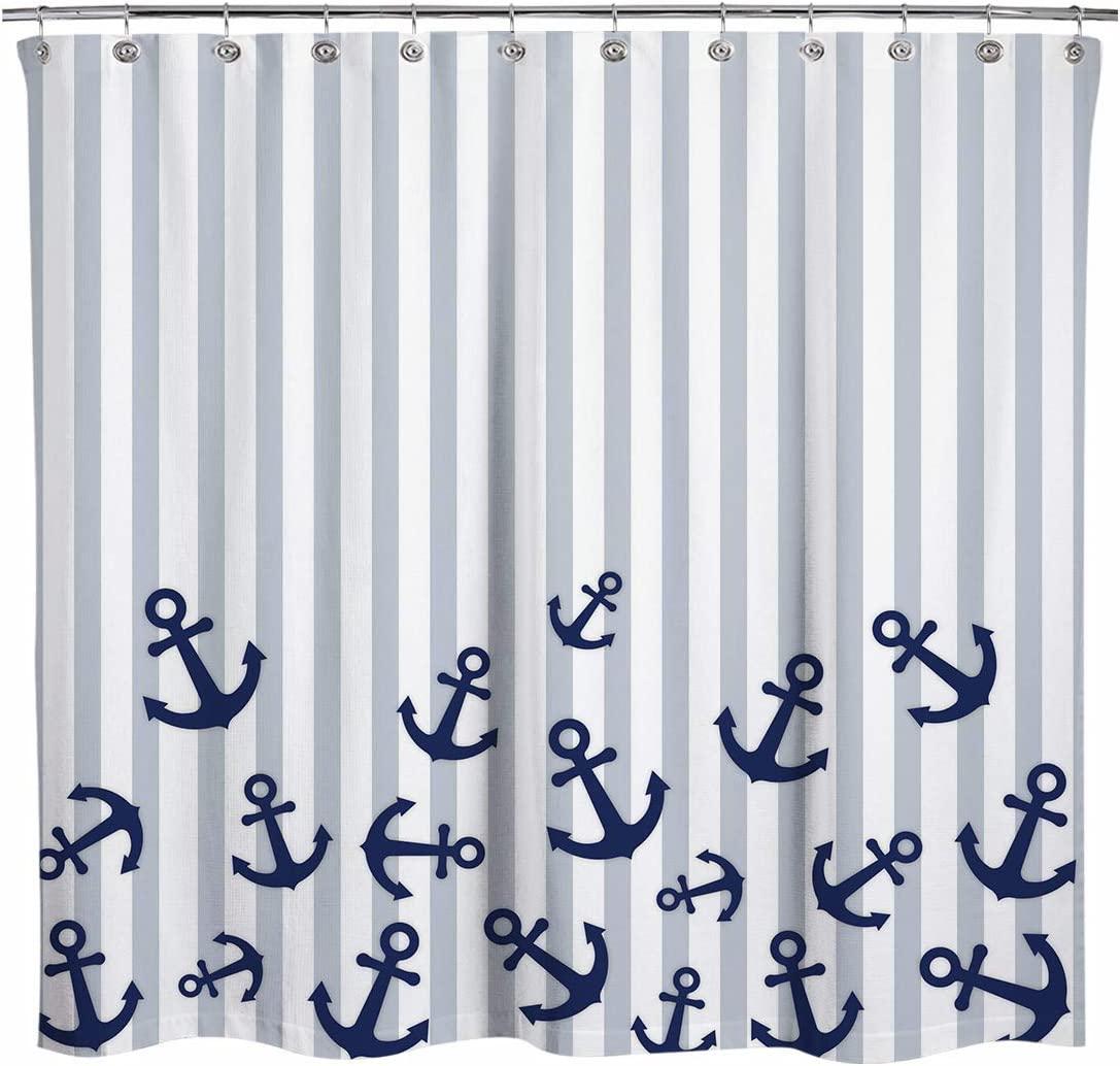 Nautical Anchor Shower Curtain, Navy Blue and Gray Stripes, Perfect Beach Bathroom Decor