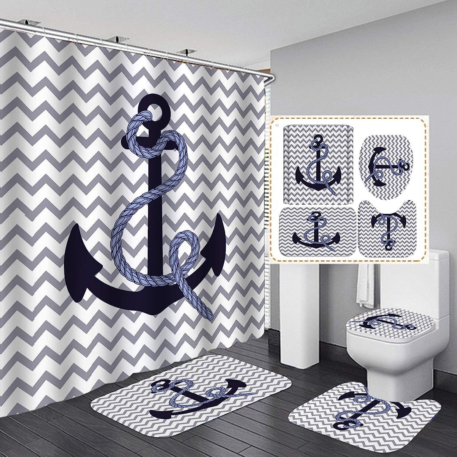 Nautical Anchor Shower Curtain With Rope For Beach Bathroom Decor