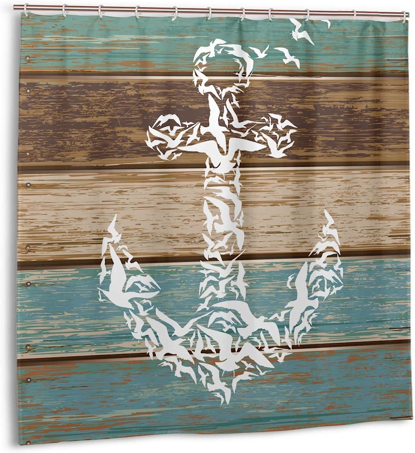 Nautical Anchor Shower Curtain With Rustic Wood Background - Image 2