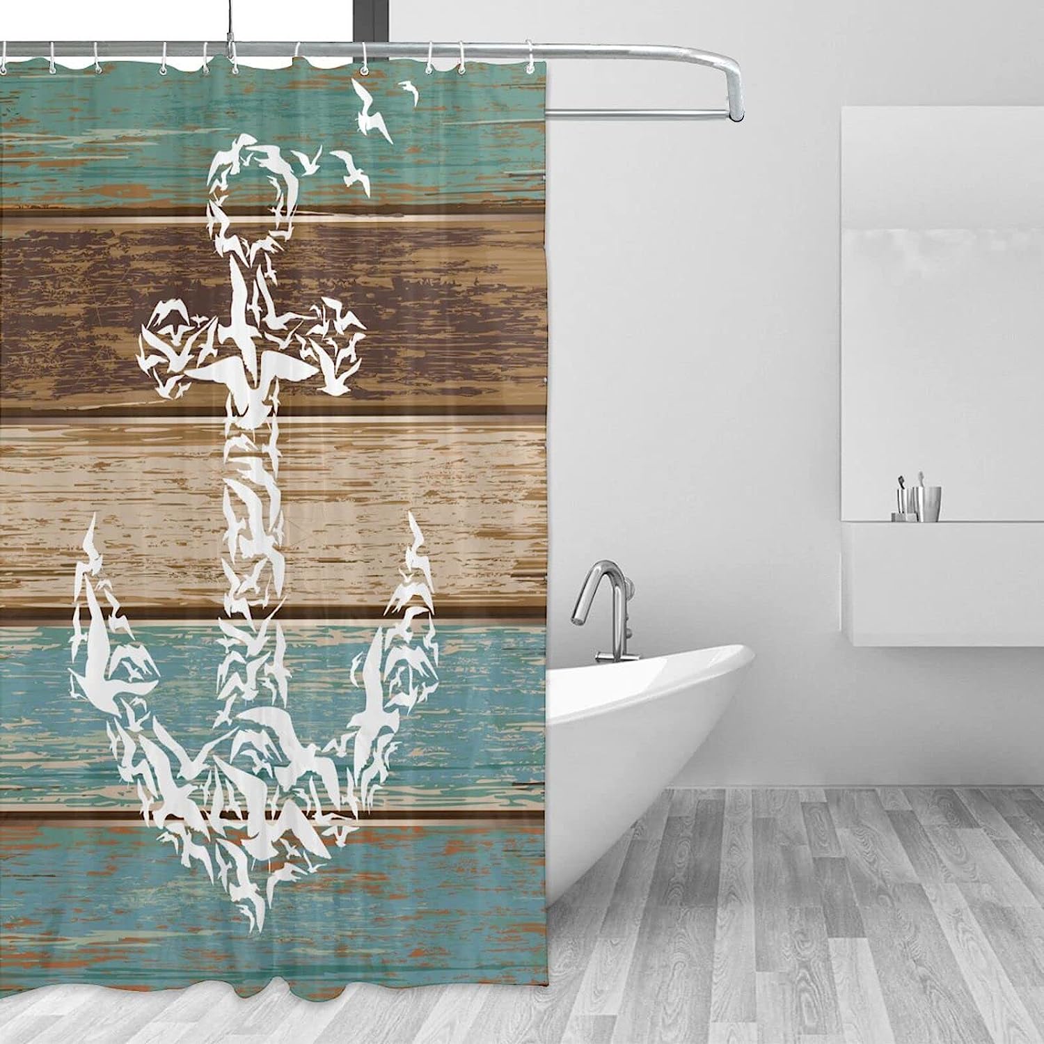 Nautical Anchor Shower Curtain With Rustic Wood Background - Image 3