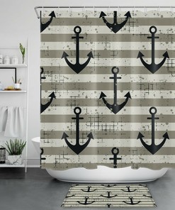 Nautical Anchor Stripe Print Shower Curtain For Ocean Bathroom Decor
