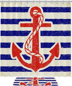 Nautical Anchor Stripe Print Shower Curtain Waterproof Fabric for Bathroom Decoration