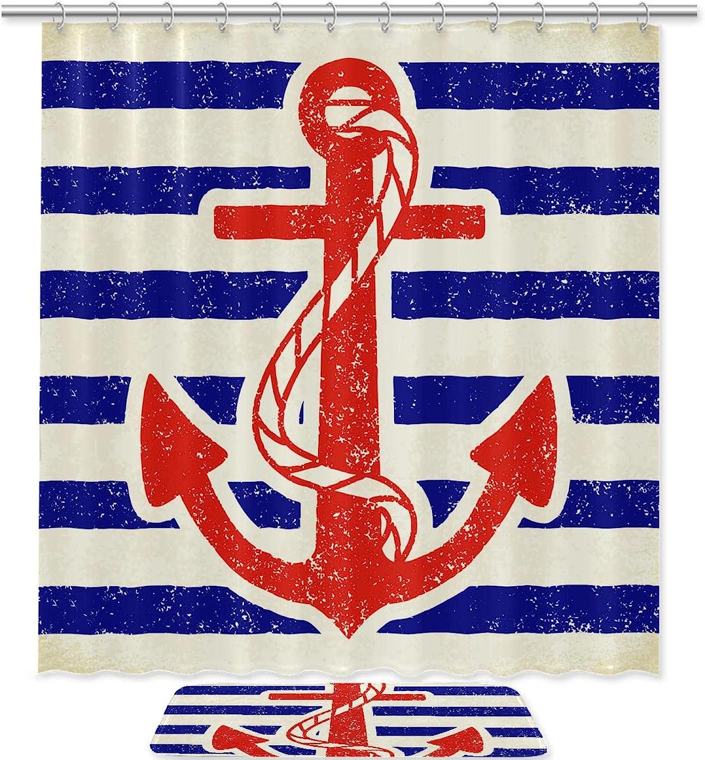 Nautical Anchor Stripe Print Shower Curtain Waterproof Fabric for Bathroom Decoration