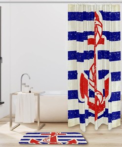 Nautical Anchor Stripe Print Shower Curtain Waterproof Fabric for Bathroom Decoration