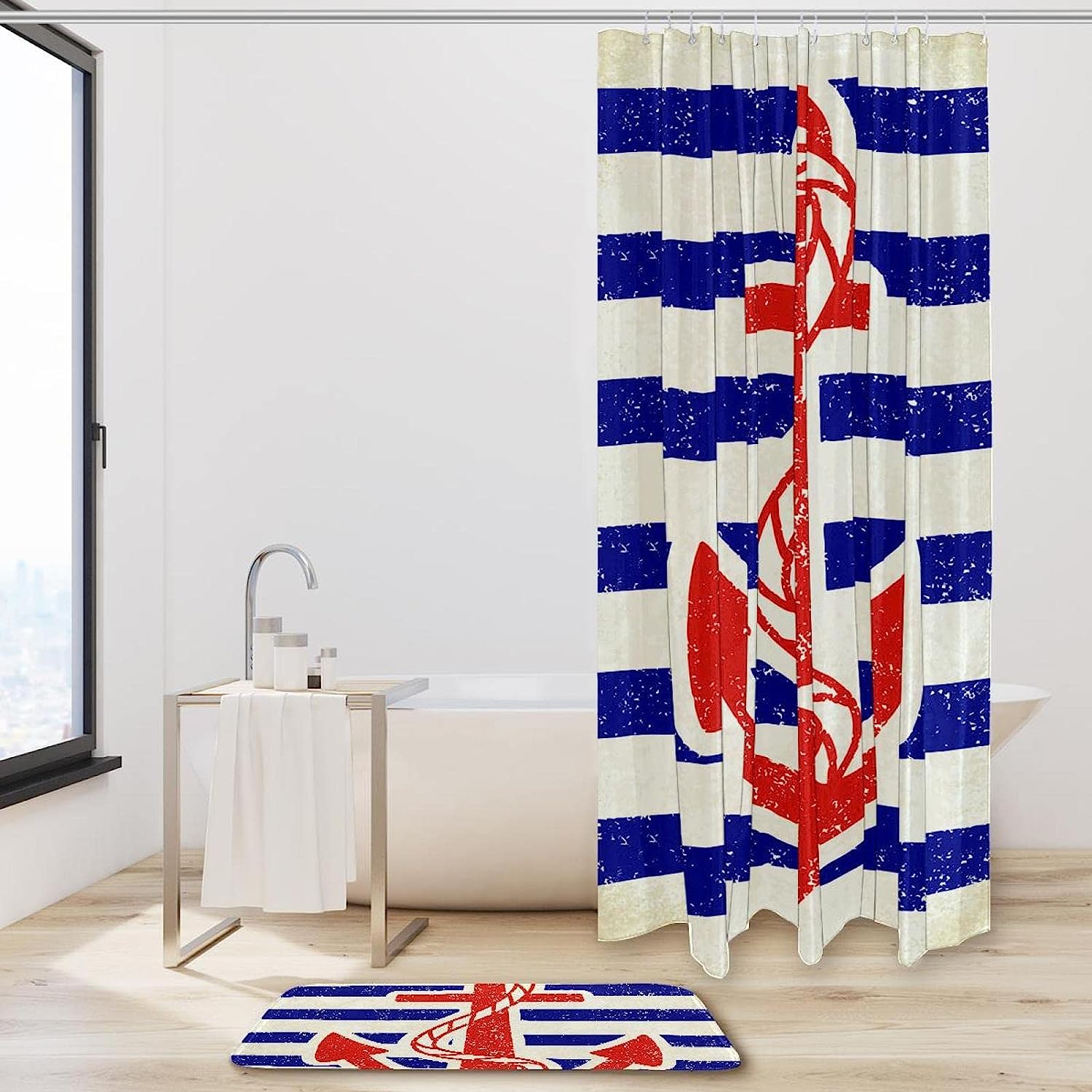 Nautical Anchor Stripe Print Shower Curtain Waterproof Fabric for Bathroom Decoration