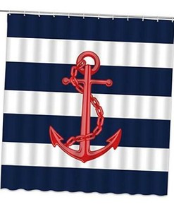 Nautical Anchor Stripe Shower Curtain, Black and White Cartoon Design 
