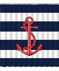 Nautical Anchor Stripe Shower Curtain, Black and White Cartoon Design