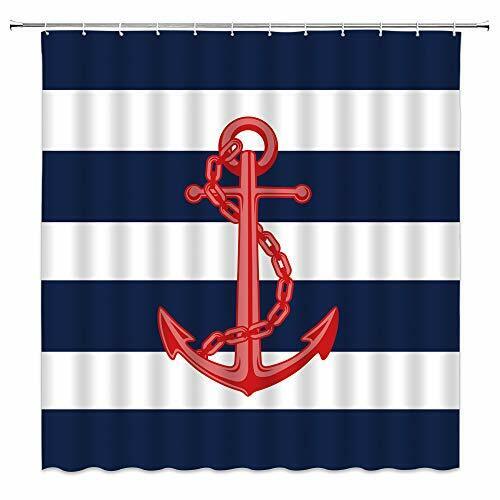 Nautical Anchor Stripe Shower Curtain, Black and White Cartoon Design