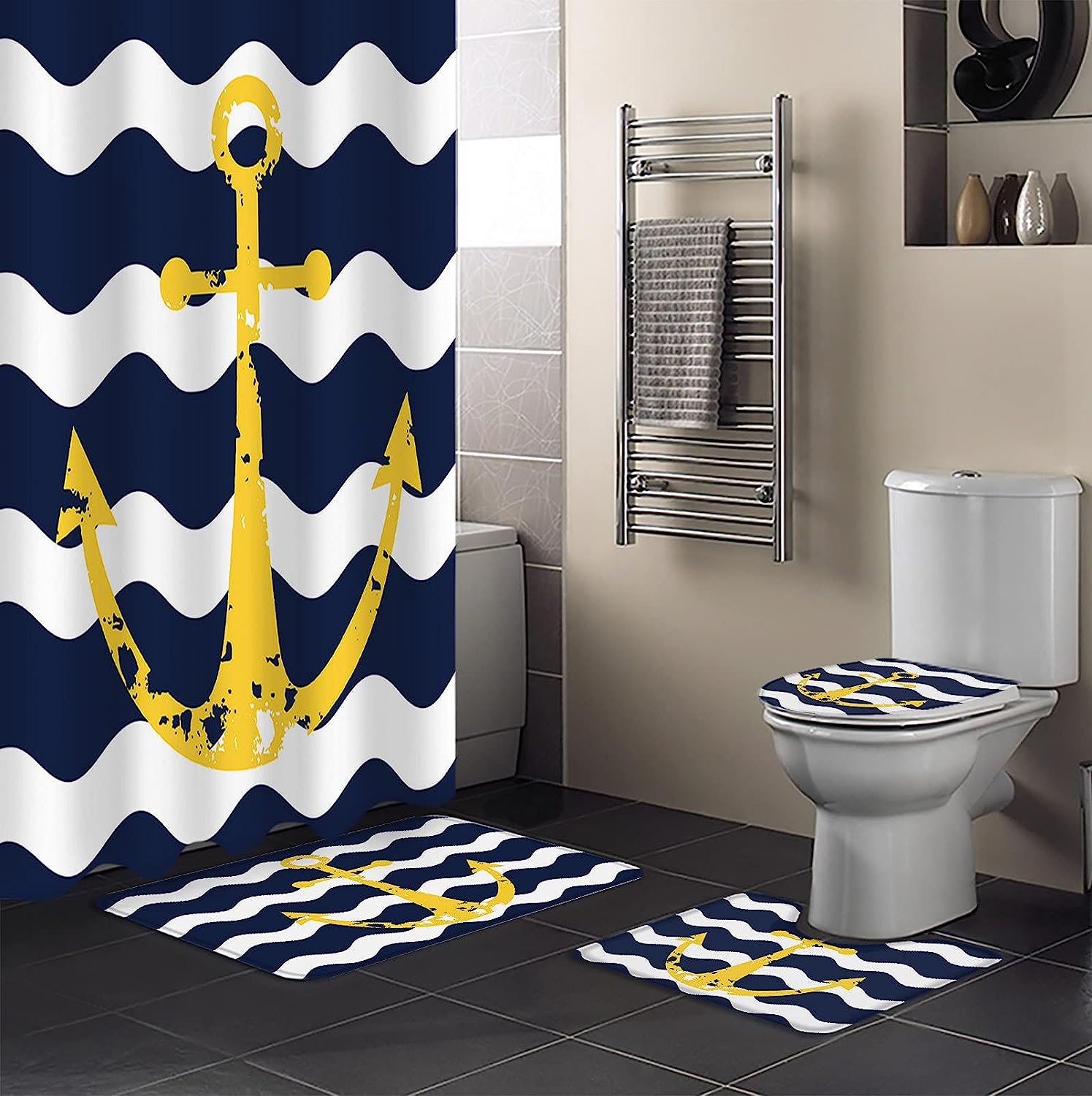 Nautical Anchor Waves Yellow Stripes Best Shower Curtain
