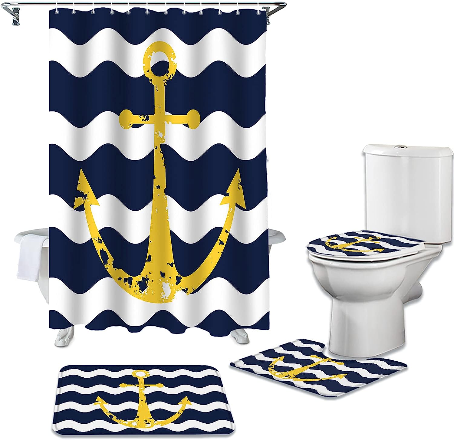 Nautical Anchor Waves Yellow Stripes Best Shower Curtain