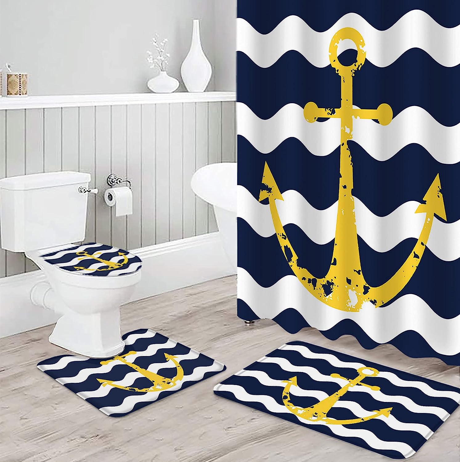 Nautical Anchor Waves Yellow Stripes Best Shower Curtain