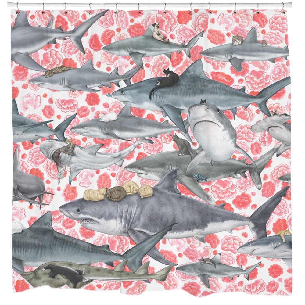 Nautical And Floral Pattern Cat Shark Shower Curtain For Beach Theme Bathroom