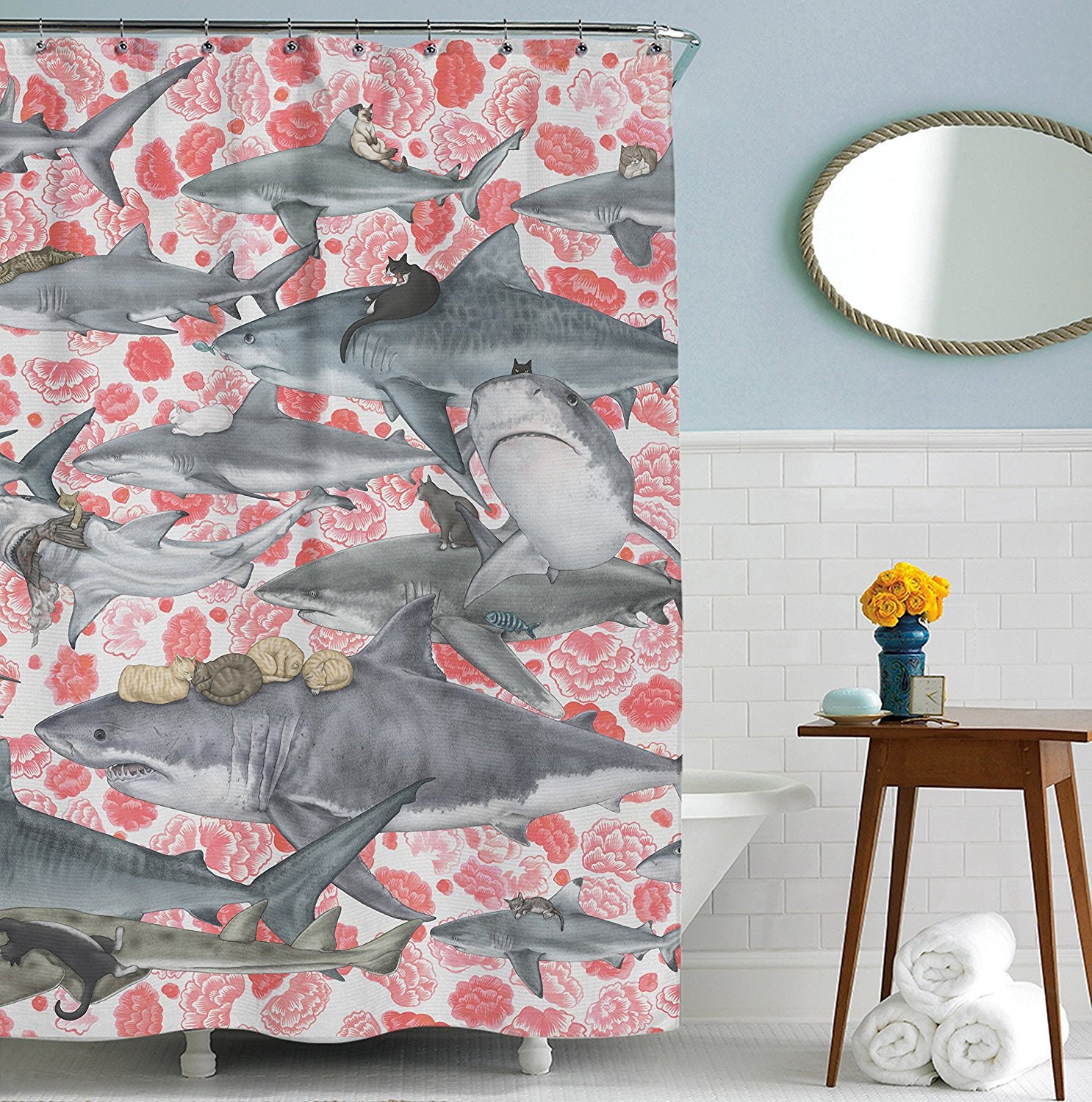 Nautical And Floral Pattern Cat Shark Shower Curtain For Beach Theme Bathroom - Image 2