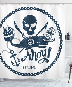 Nautical Art Pirate Shower Curtain, Skull and Whale Design for a Coastal Bathroom 