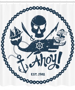 Nautical Art Pirate Shower Curtain, Skull and Whale Design for a Coastal Bathroom
