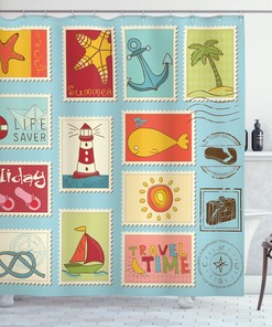 Nautical Beach Shower Curtain With Lighthouse, Anchor, And Palm Trees 