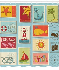 Nautical Beach Shower Curtain With Lighthouse, Anchor, And Palm Trees