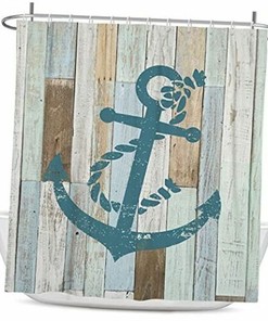 Nautical Beach Theme Teal Barn Door Wooden Anchor Shower Curtain for Coastal Bathroom Decor