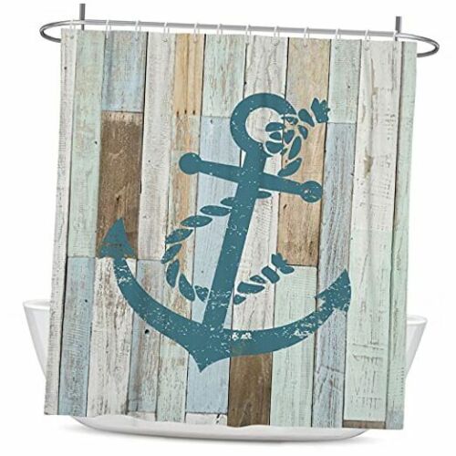 Nautical Beach Theme Teal Barn Door Wooden Anchor Shower Curtain for Coastal Bathroom Decor