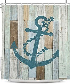 Nautical Beach Theme Teal Barn Door Wooden Anchor Shower Curtain for Coastal Bathroom Decor