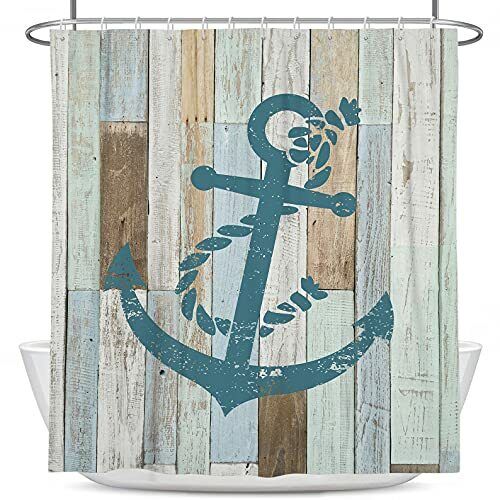 Nautical Beach Theme Teal Barn Door Wooden Anchor Shower Curtain for Coastal Bathroom Decor