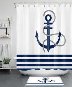 Nautical Blue And White Striped Anchor Shower Curtain For Seaside Bathroom Decor
