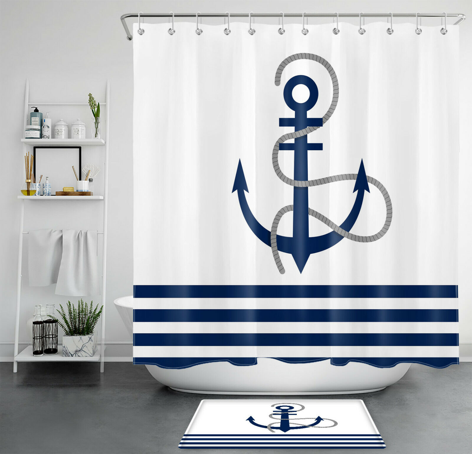 Nautical Blue And White Striped Anchor Shower Curtain For Seaside Bathroom Decor
