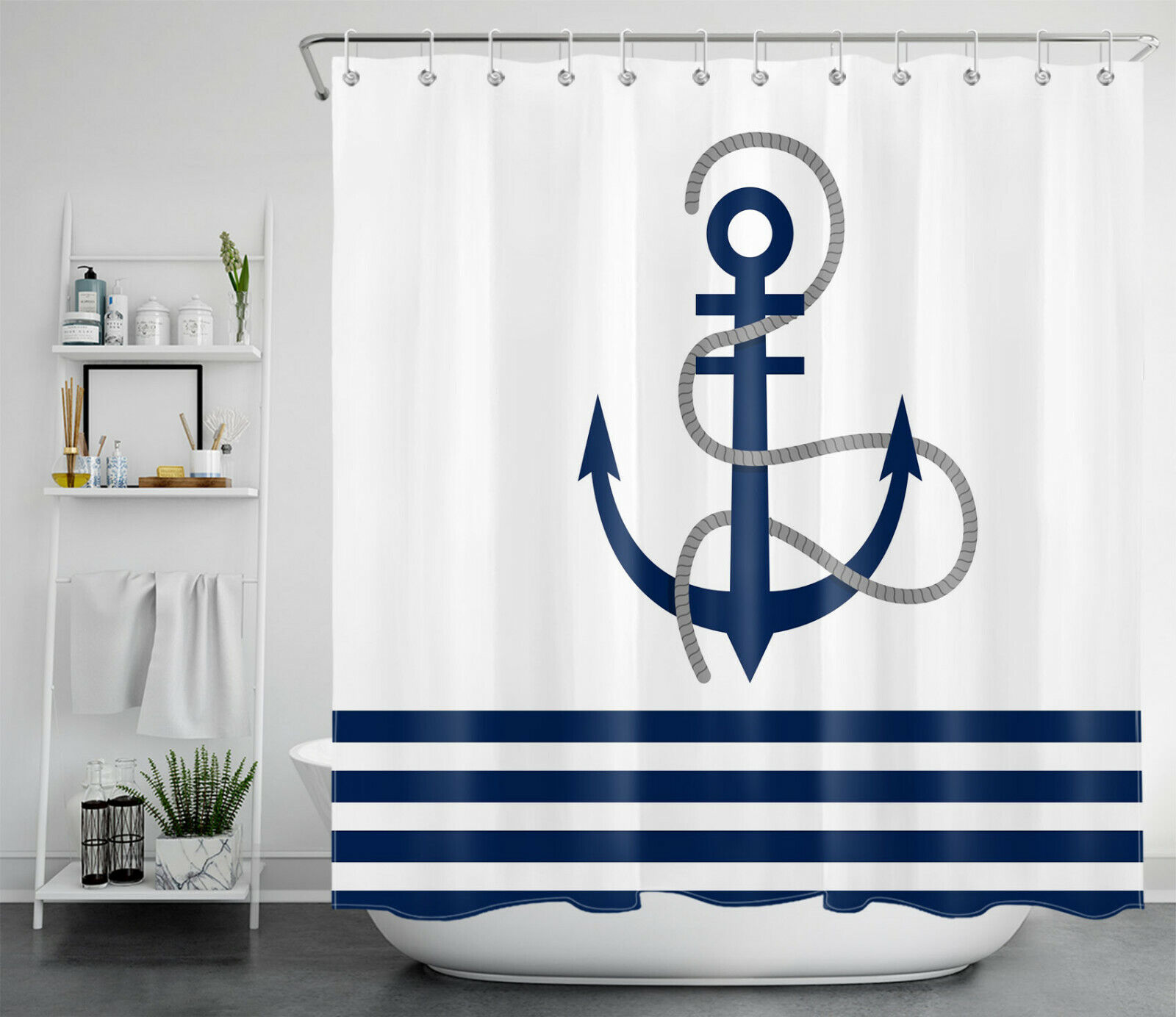 Nautical Blue And White Striped Anchor Shower Curtain For Seaside Bathroom Decor - Image 2