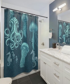 Nautical Blue Ocean Octopus Seahorse Jellyfish Animal Print Shower Curtain