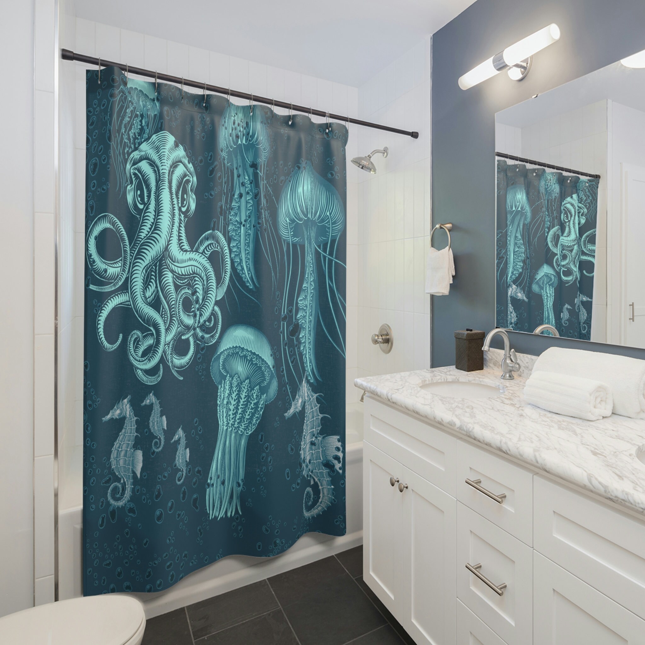 Nautical Blue Ocean Octopus Seahorse Jellyfish Animal Print Shower Curtain