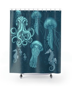 Nautical Blue Ocean Octopus Seahorse Jellyfish Animal Print Shower Curtain