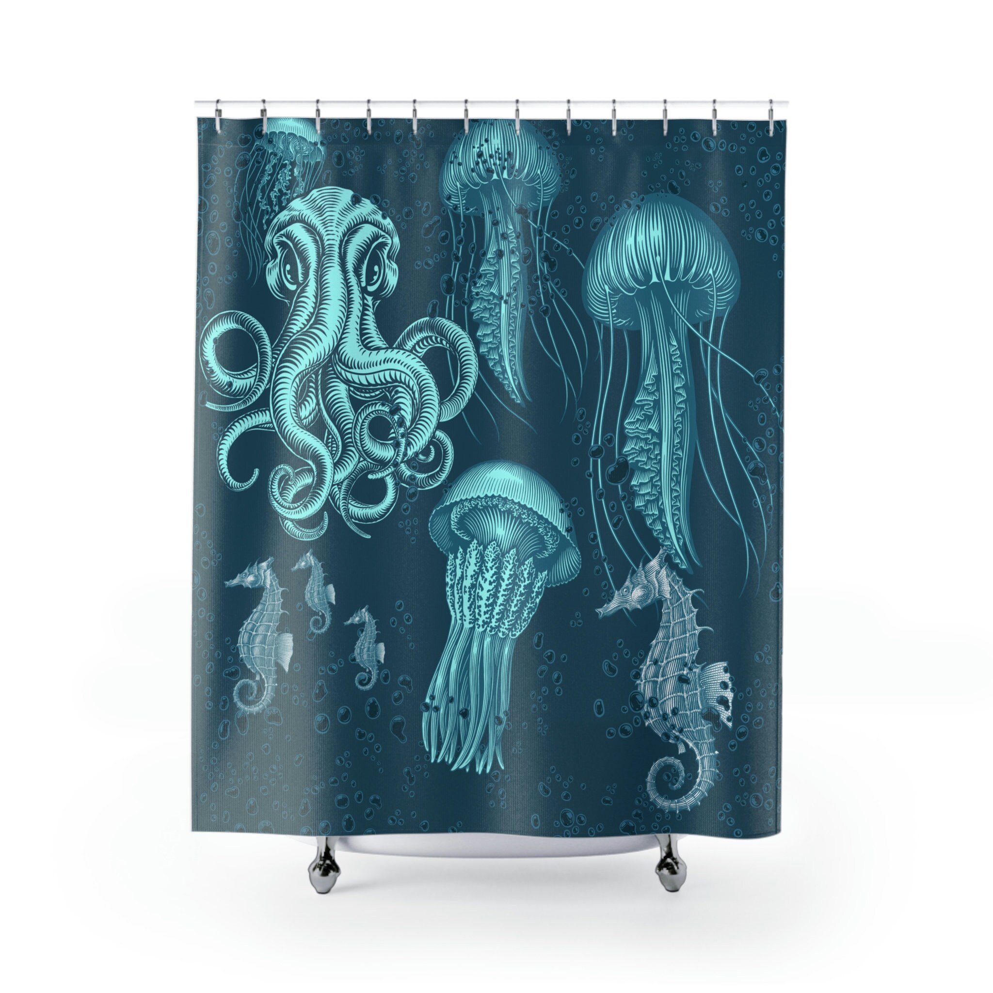 Nautical Blue Ocean Octopus Seahorse Jellyfish Animal Print Shower Curtain