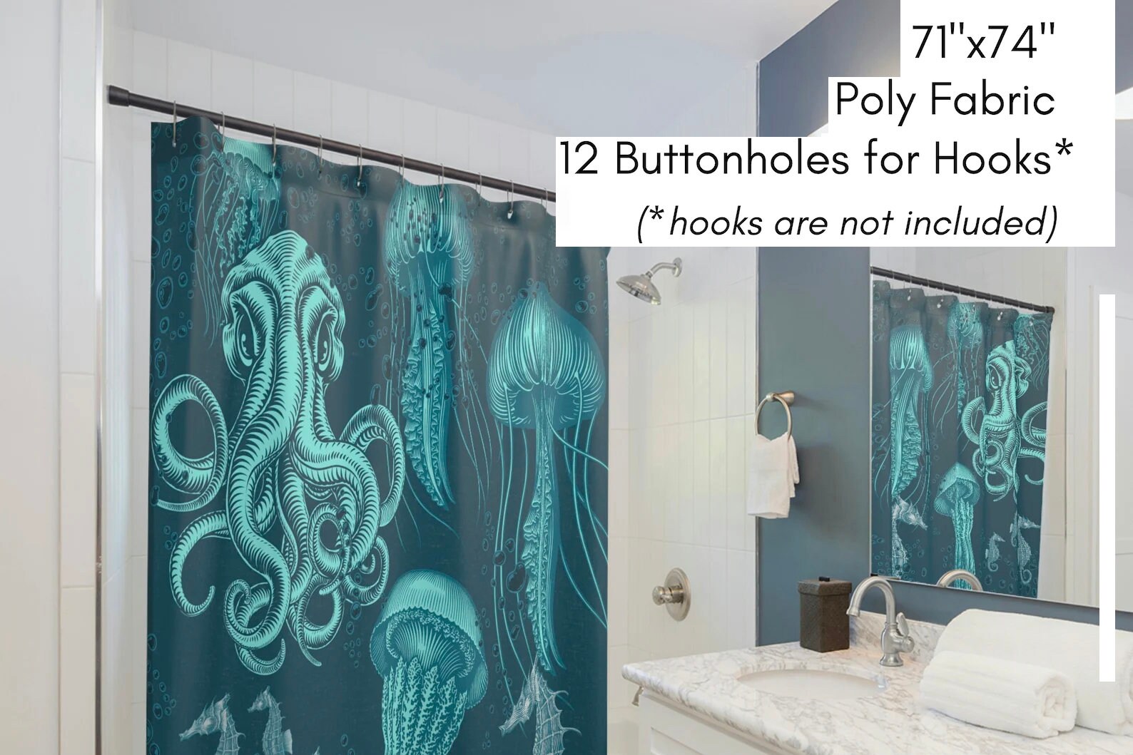 Nautical Blue Ocean Octopus Seahorse Jellyfish Animal Print Shower Curtain