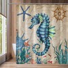 Nautical Blue Ocean Shower Curtain with Seahorse, Starfish, and Seaweed Watercolor Design