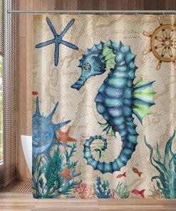 Nautical Blue Ocean Shower Curtain with Seahorse, Starfish, and Seaweed Watercolor Design