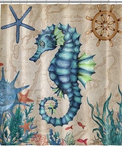 Nautical Blue Ocean Shower Curtain with Seahorse, Starfish, and Seaweed Watercolor Design