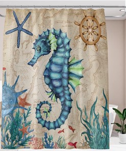 Nautical Blue Ocean Shower Curtain with Seahorse, Starfish, and Seaweed Watercolor Design