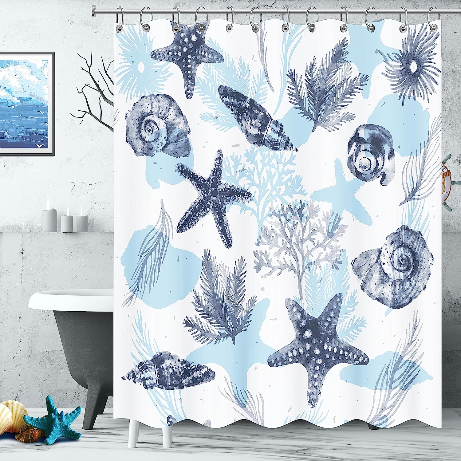 Nautical Blue Seashell Coral Shower Curtain For A Beach-Inspired Bathroom - Image 2