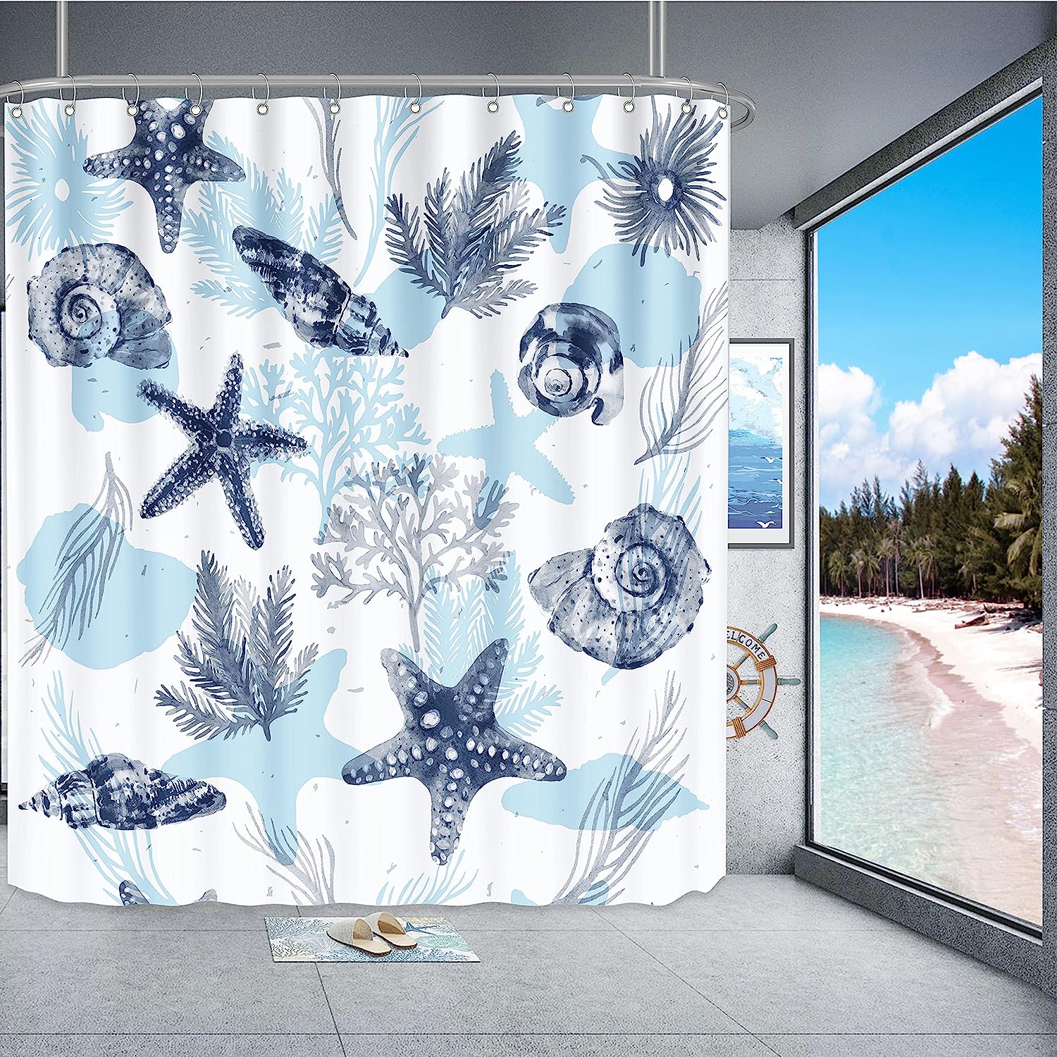 Nautical Blue Seashell Coral Shower Curtain For A Beach-Inspired Bathroom - Image 3